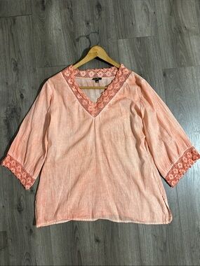 Women's Peach Crochet-Trim V-Neck Tunic Top 100% Cotton 3/4 Sleeves
